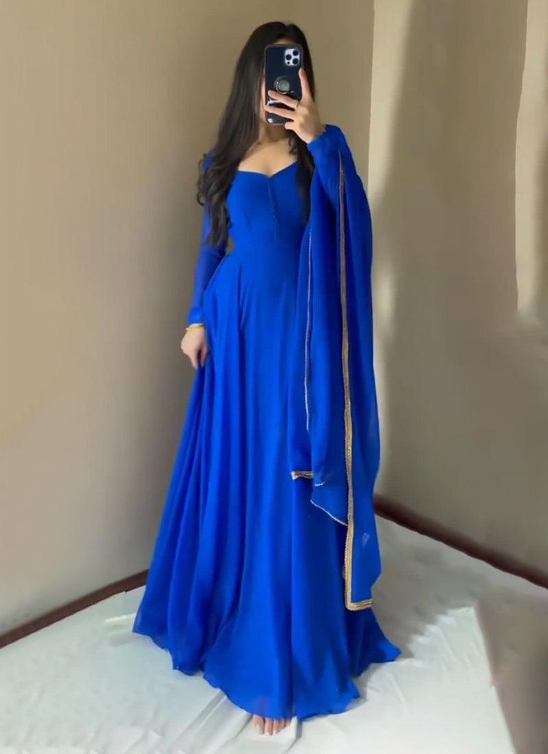 Royal Blue Solid Anarkali Pant Suit Free Shipping 100% Guaranteed