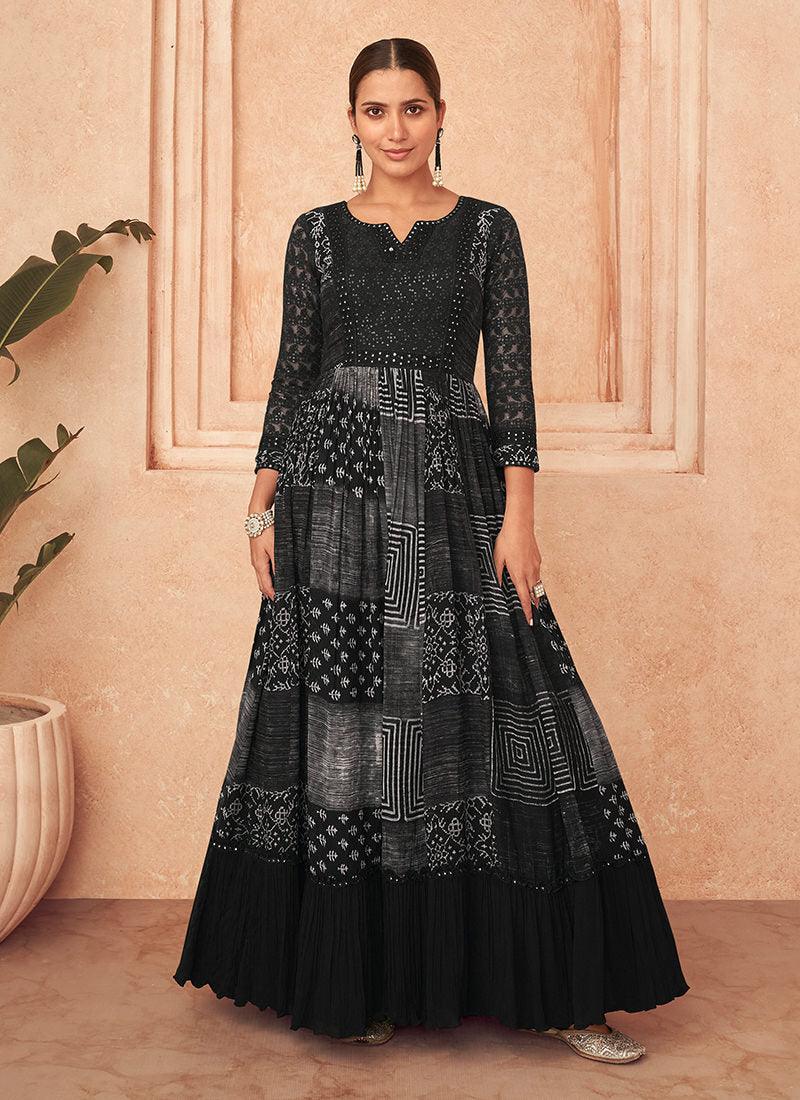 Printed Embroidered Black Crushed Anarkali Collections