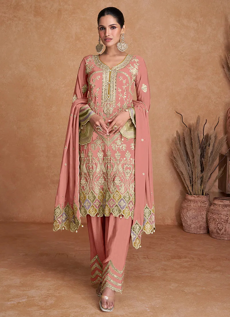 Peach Pure Chinon Traditional Stright Style Designer Suit Cheap Best Wholesale