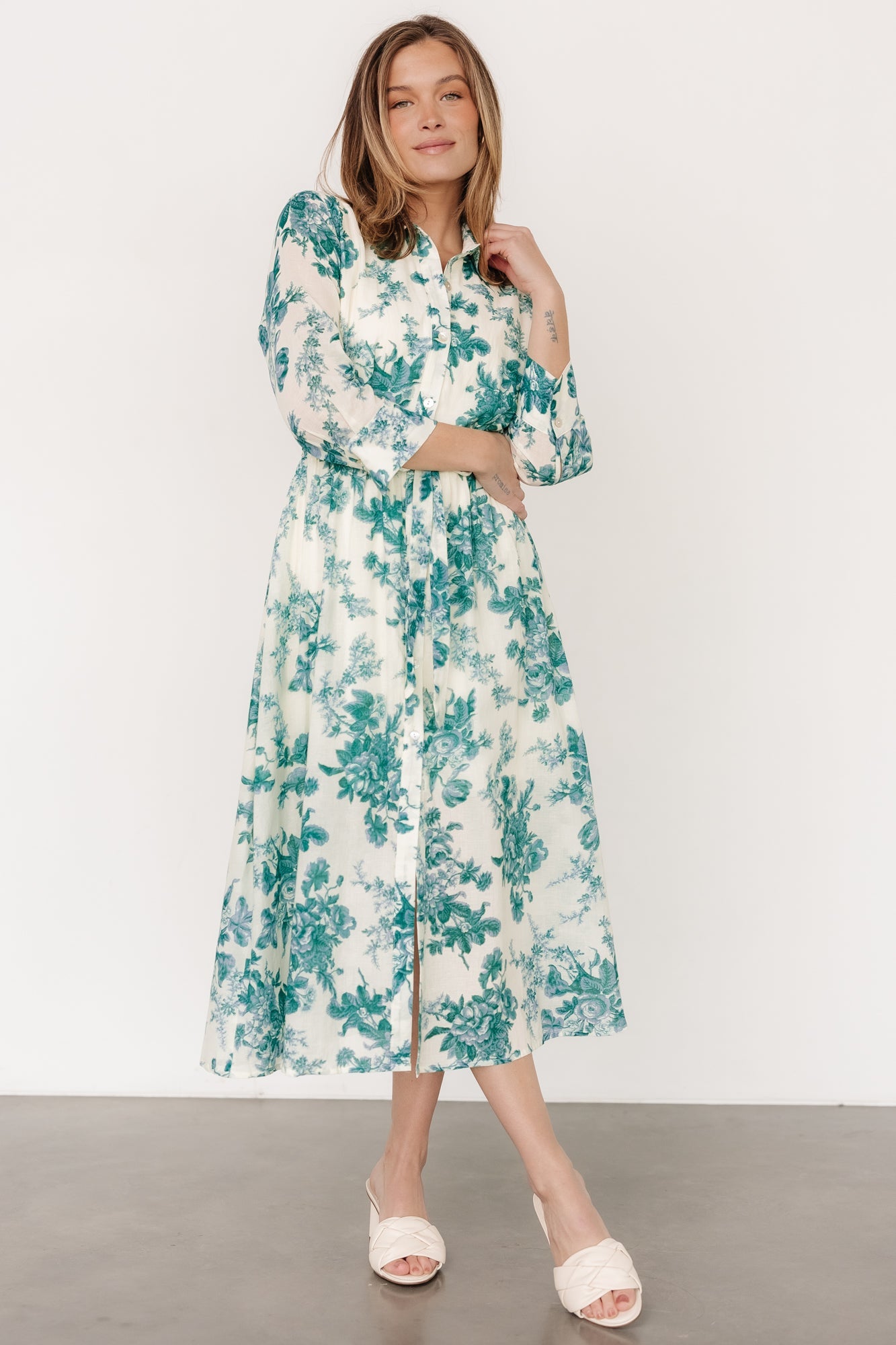 Eunice Button Midi Dress | Cream + Green Floral Free Shipping Discounts