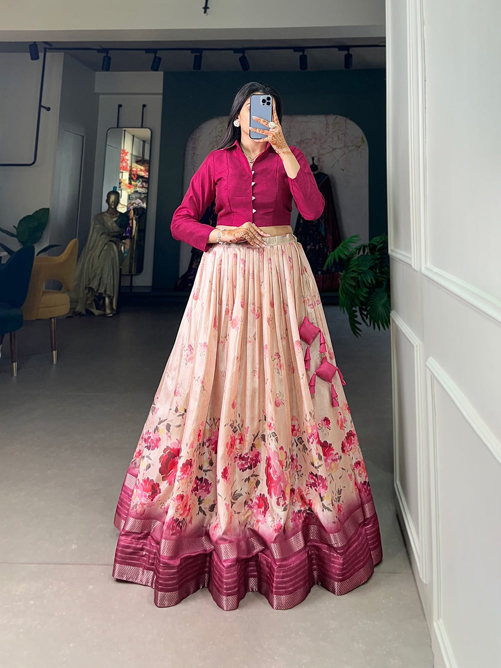 Embrace Tradition with Modern Floral Printed Dola Silk Lehenga Choli Discount