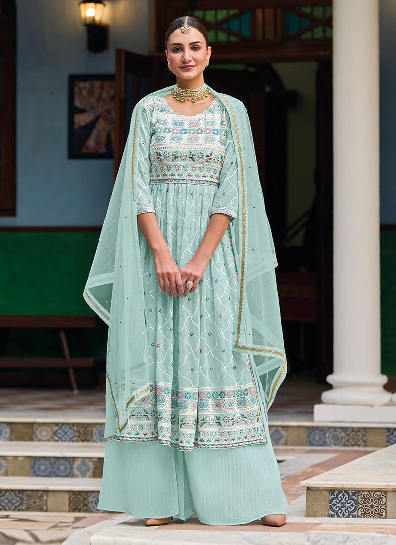 Embroidered Turquoise Suit With Crushed Palazzo Very Cheap Sale Online