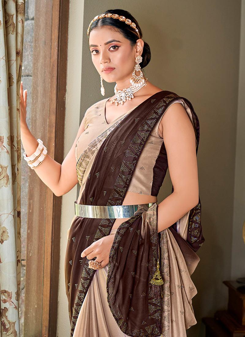 Swarovski Work Brown Silk Saree Clearance Best Pices