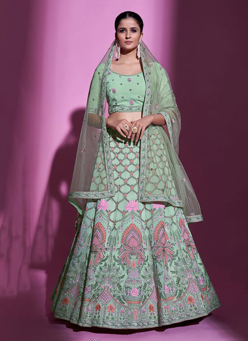 Embroidered Pista Green Heavy Lehenga Sast For Sale