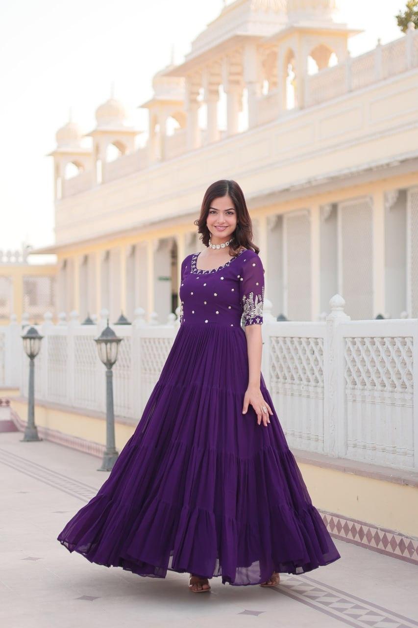 Purple Color Georgette base Embroidered Ruffle Gown 2025 New