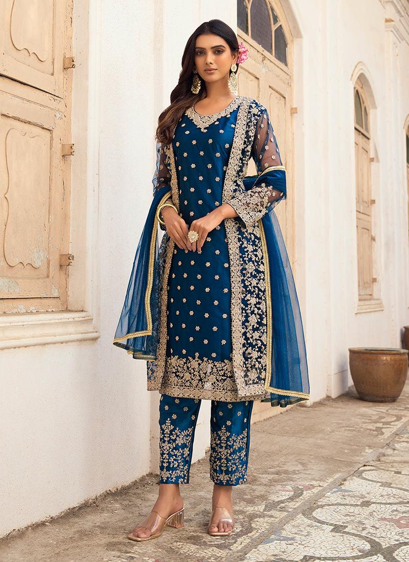 Navy Blue Soft Net Fabric Pant Style Suit Clearance Wide Range Of