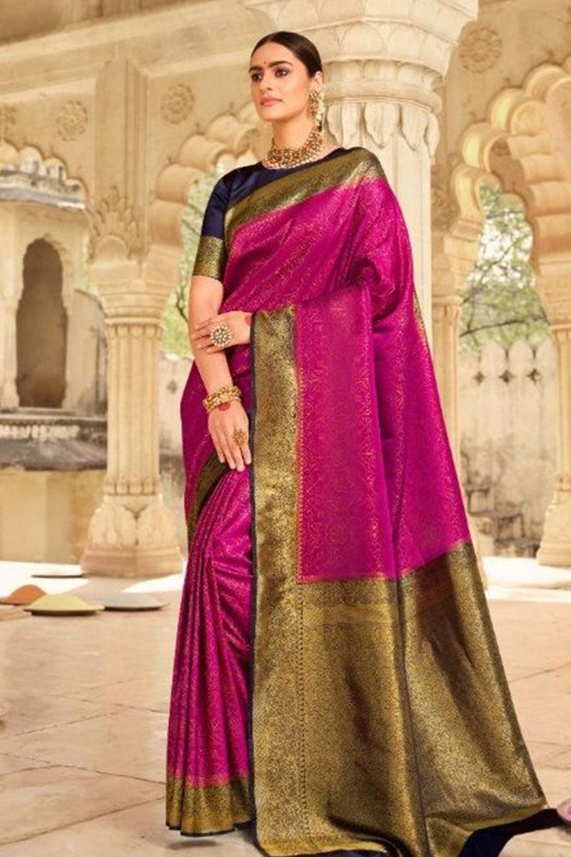 Rani Pink Color Bold look Satin Soft Kanjiveram Silk Weave Saree Outlet New Arrival