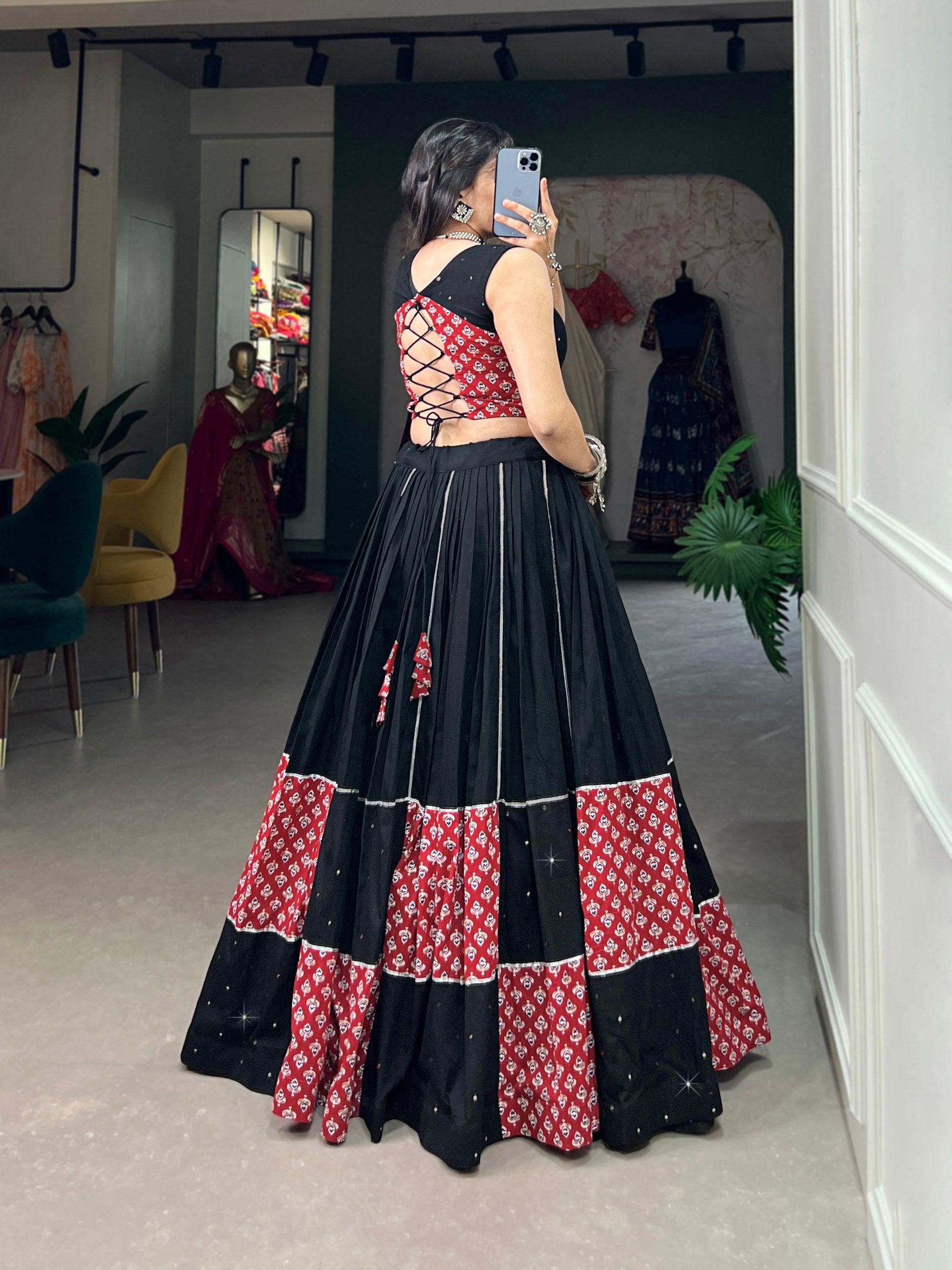 Black Colored Printed Foil Mirror Gota Patti Worked Navratri Lehenga Set Where To Buy Low Pice