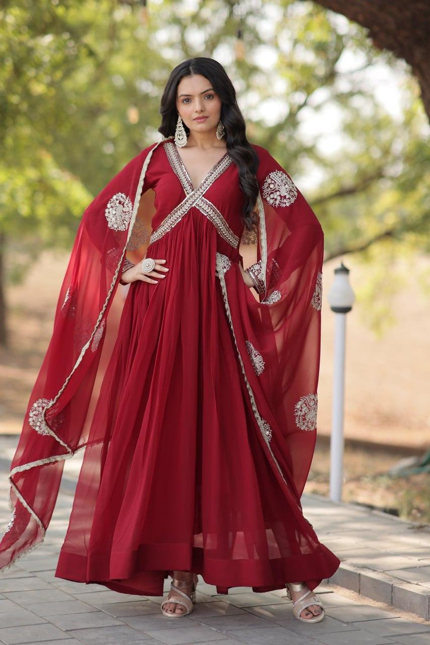 Elegant Maroon Embroidered Anarkali Gown Discount 2025 New