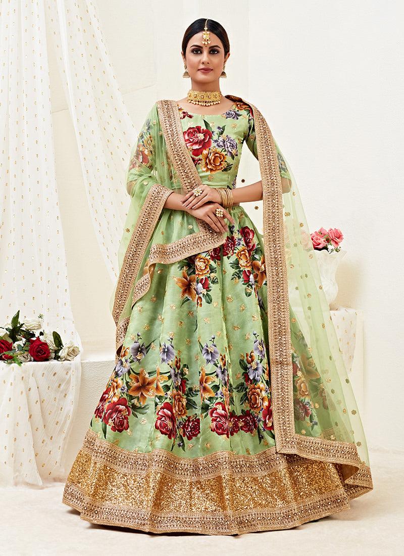 Floral Print Pista Green Satin Lehenga Choli With Mastercard Cheap Pice