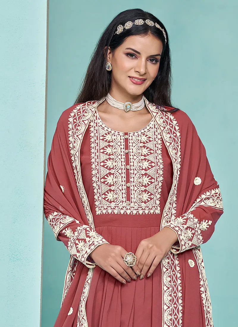 Traditional Rust Red  Embroidered  Anarkali Palazzo Suit Cheap Pice Outlet Sale