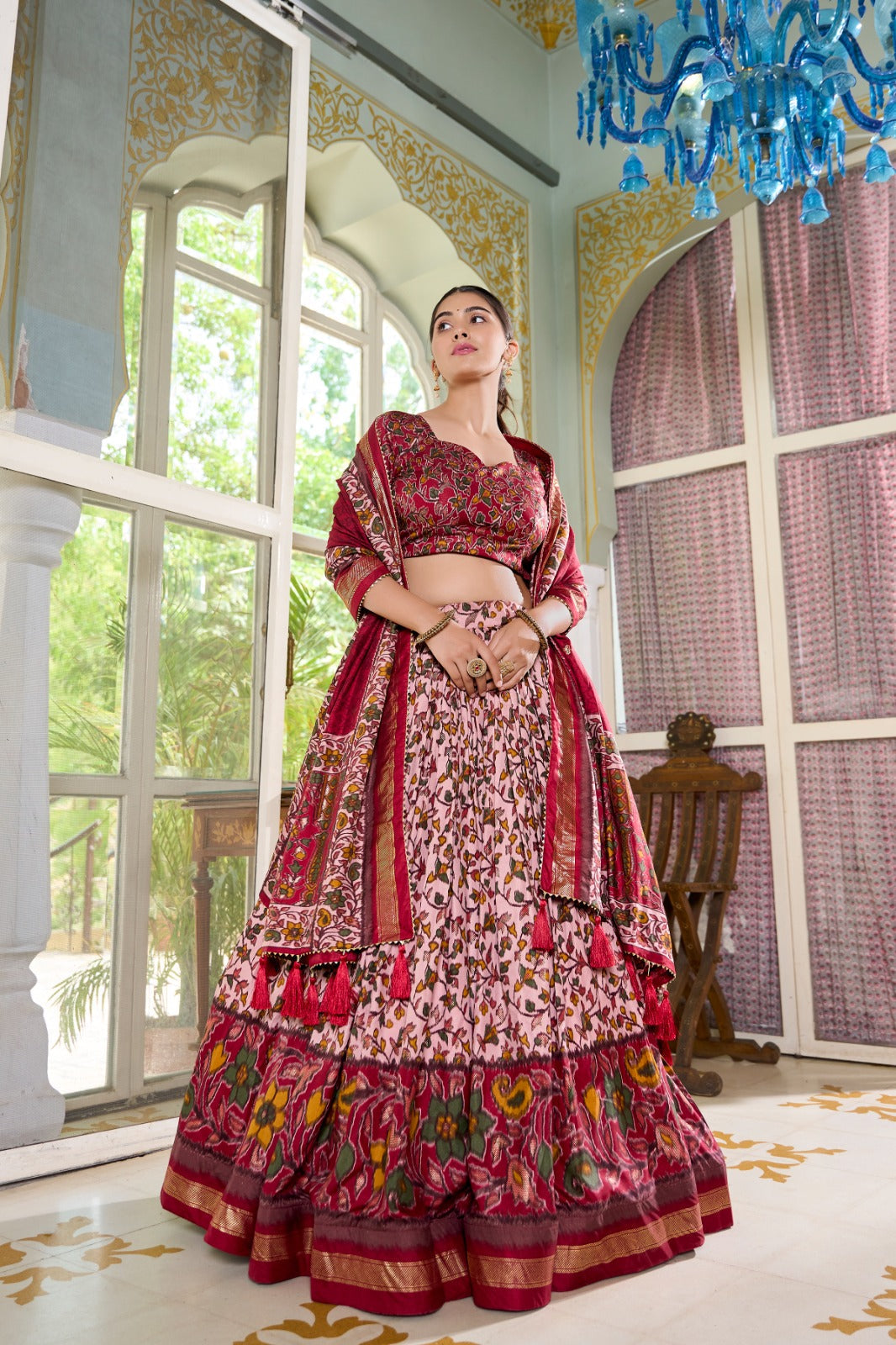 Amazing Tussar Silk Floral Printed Foil Worked Lehenga Choli Set Cheap Sale Shop