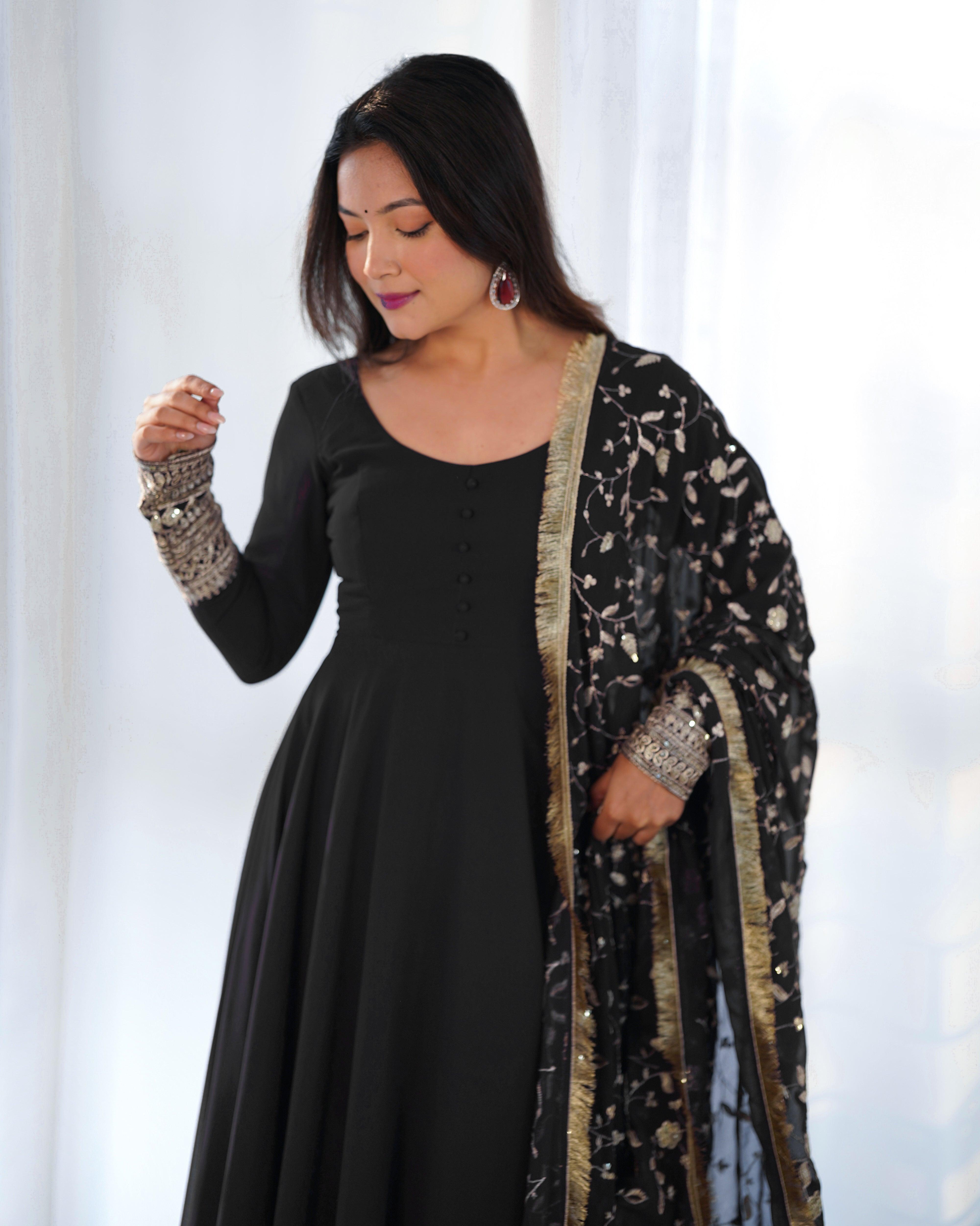 Black Color Georgette Gown With Applique Work Dupatta Buy Cheap With Mastercard