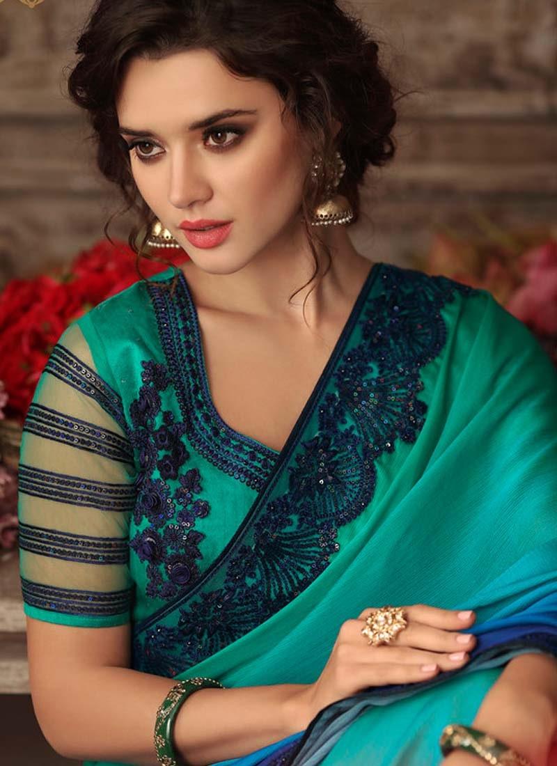 Dazzling Look Turquoise Color Double Shaded Saree With Designer Blouse Discount Release Dates