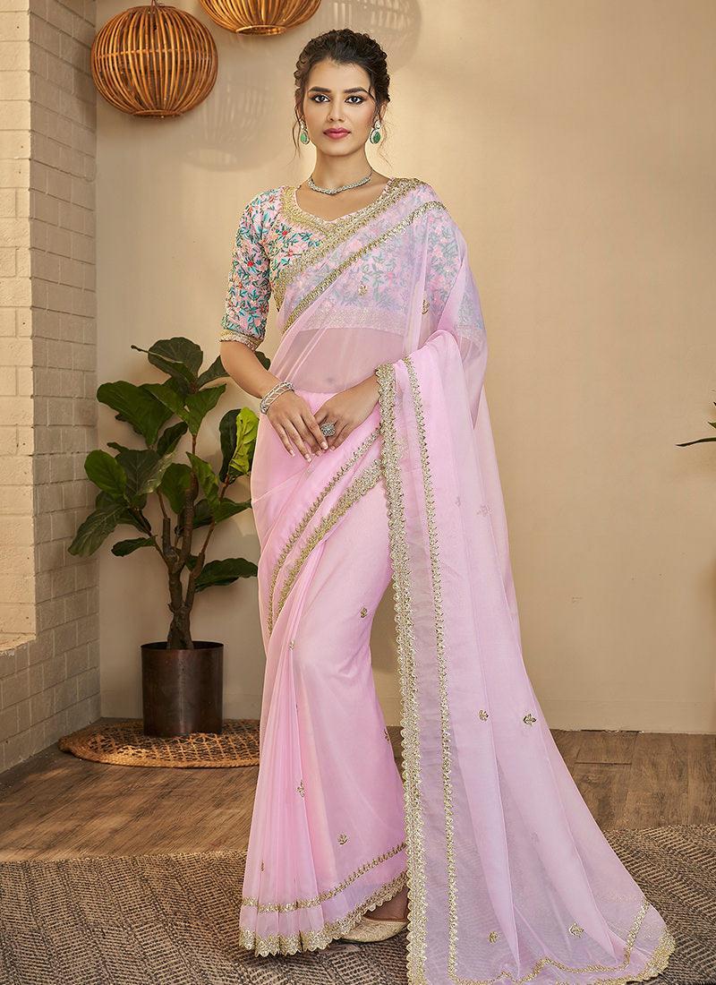 Resham And Zari Work Blouse With Pink Saree Looking For For Sale