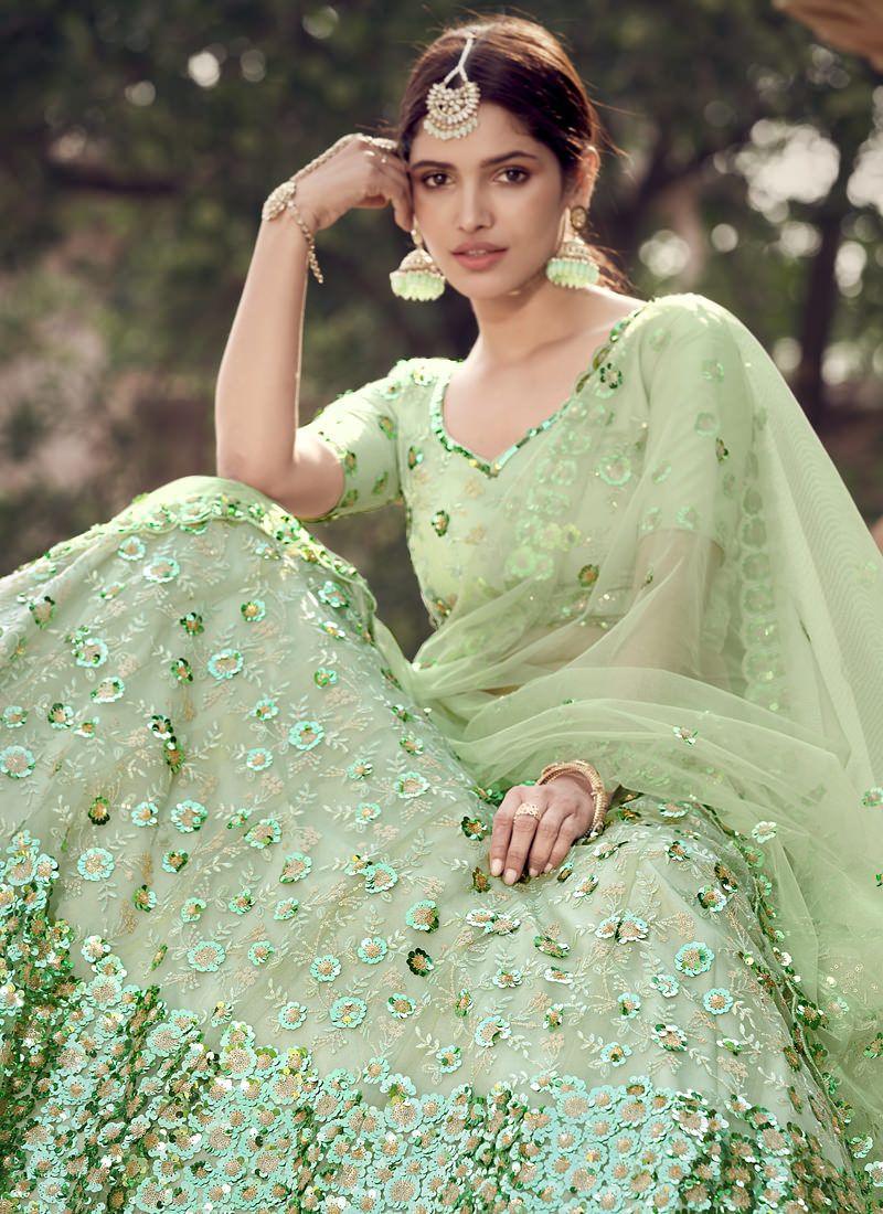 Elegant Green Color Soft Net Base Lehenga Choli With Sequins Work Cheap Visit