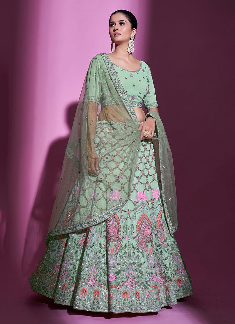 Embroidered Pista Green Heavy Lehenga Sast For Sale