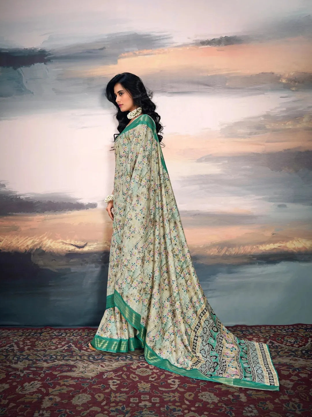 Dignified Dark Green Cotton Silk Digital Printed Saree Free Shipping Online