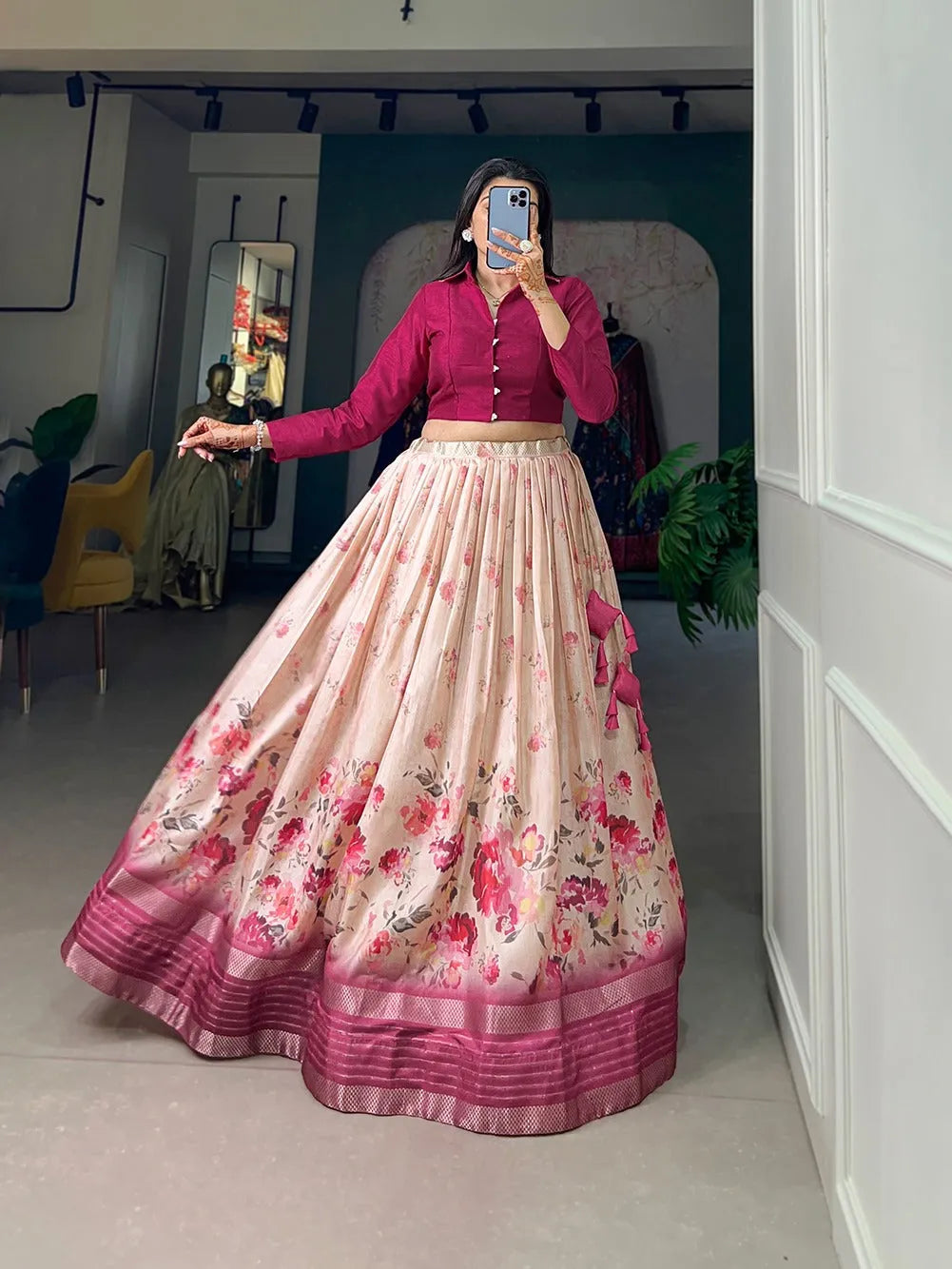 Embrace Tradition with Modern Floral Printed Dola Silk Lehenga Choli Get Authentic