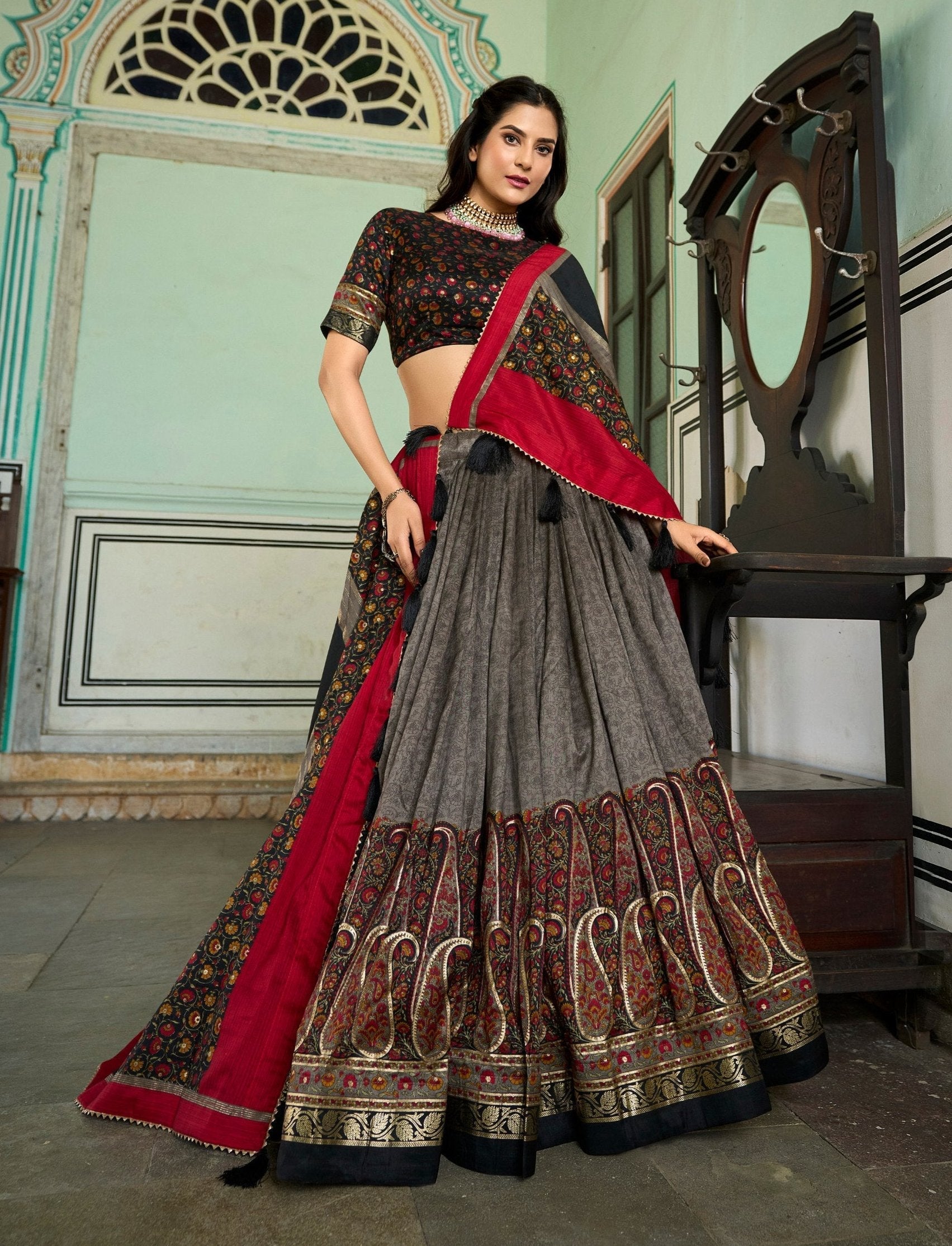 Amazing Tussar Silk Kashmiri Printed Foil Worked Lehenga Choli Sale Big Discount