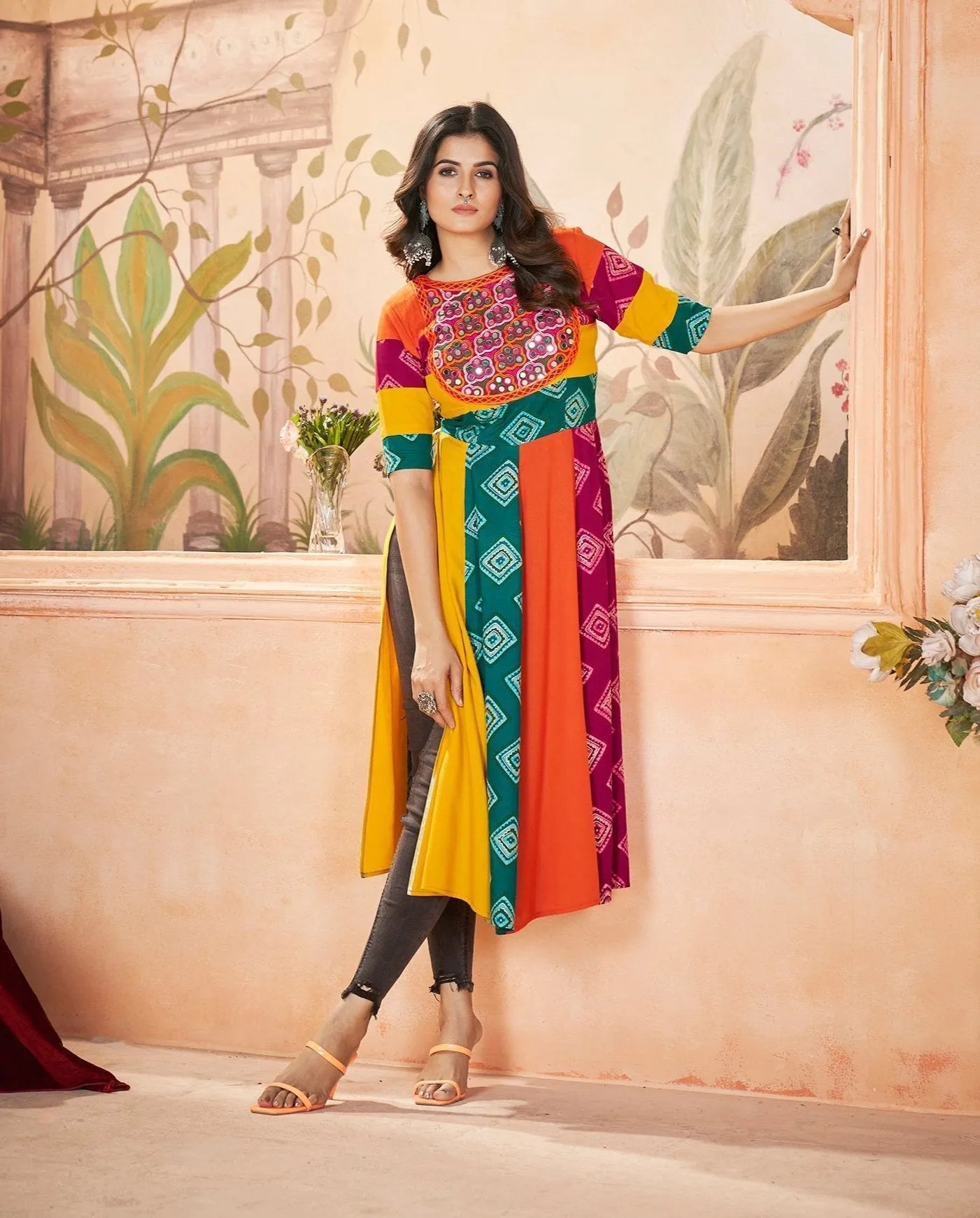 Navratri Wear Multi Colored Rayon Printed Embroidered Kurti Best Wholesale Sale Online