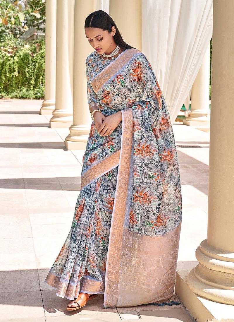 Classy Light Blue Color Printed Partywear Saree Cheap Online Store