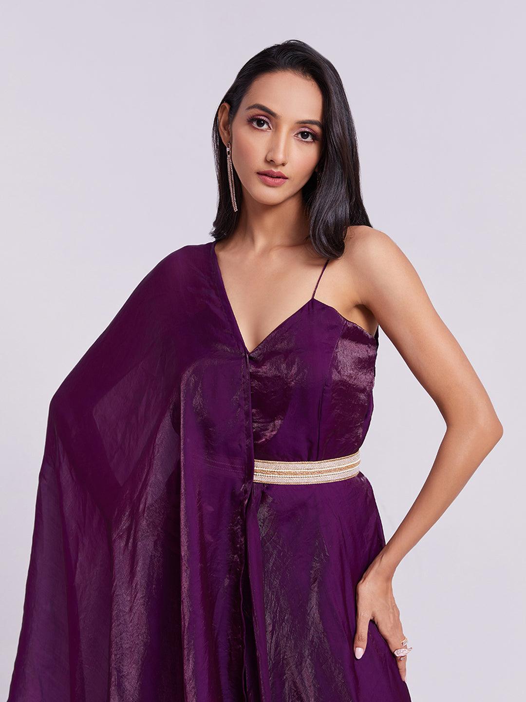 Purple organza readymade gown with attach dupatta and belt Discount Huge Surprise