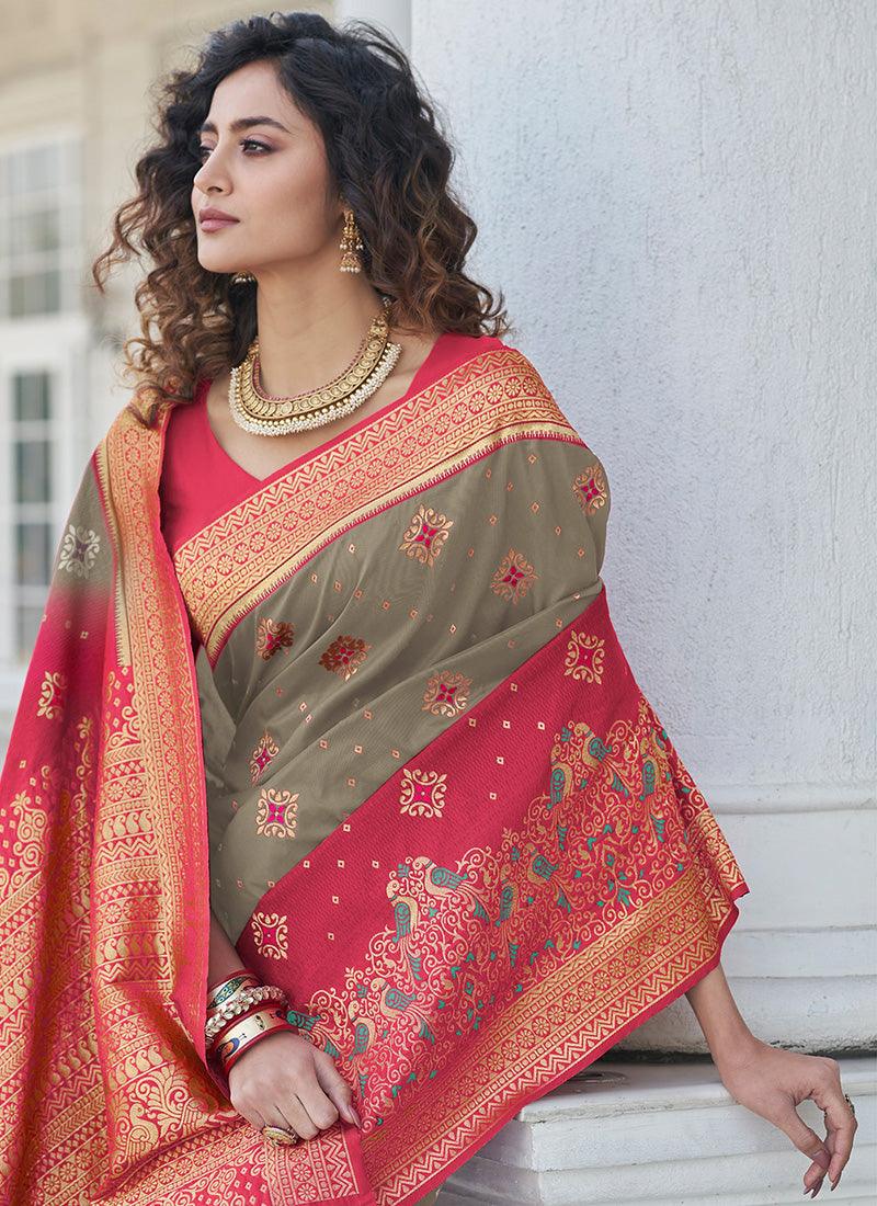 Ethnic Wear Grey Color Banarasi Silk Base Silk Weave Work Saree Cheap Sale Free Shipping