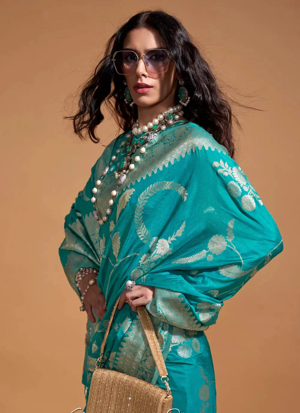 Classic Designer Hand Woven Turquoise Silk Saree Cheap Sale Latest Collections