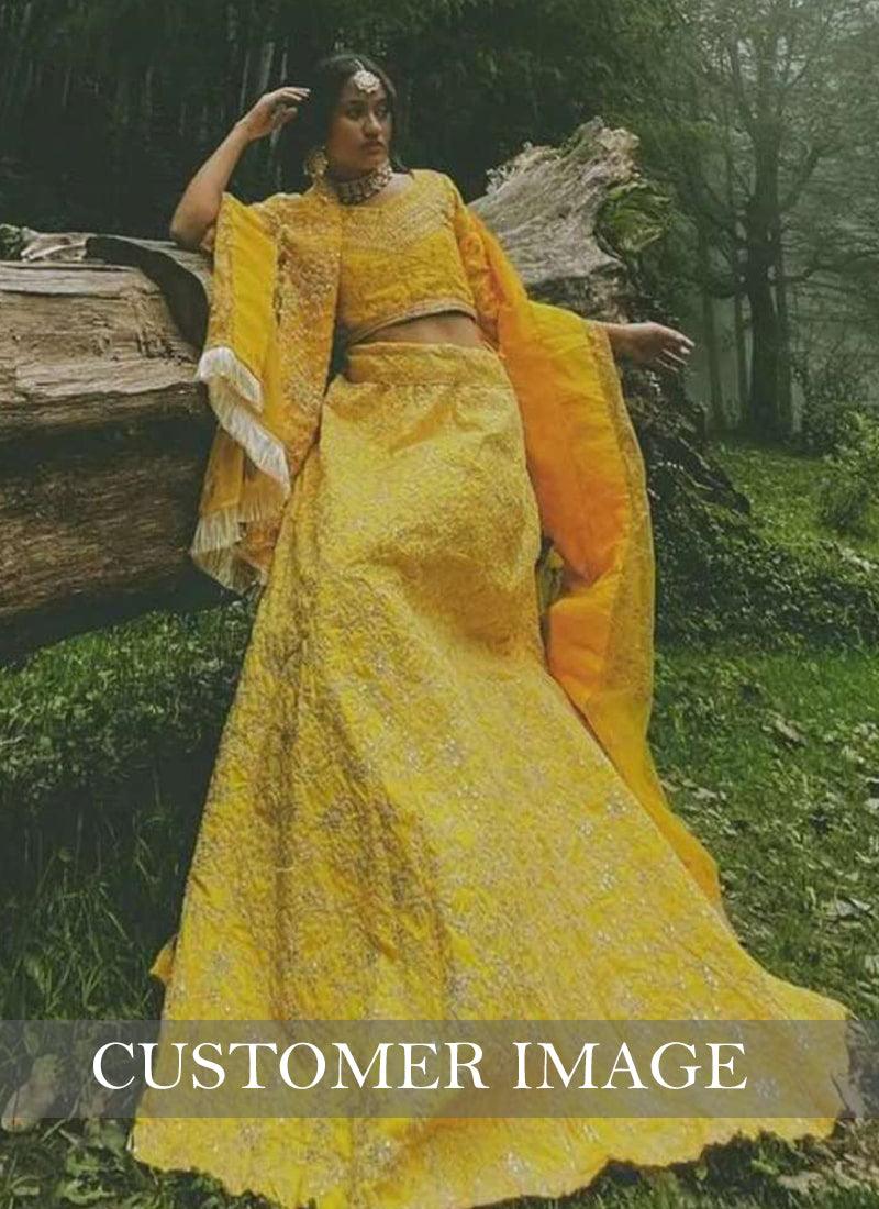 Sunshine Yellow Color Art Silk Base Designer Look Flared Lehenga Choli Free Shipping Wholesale Pice