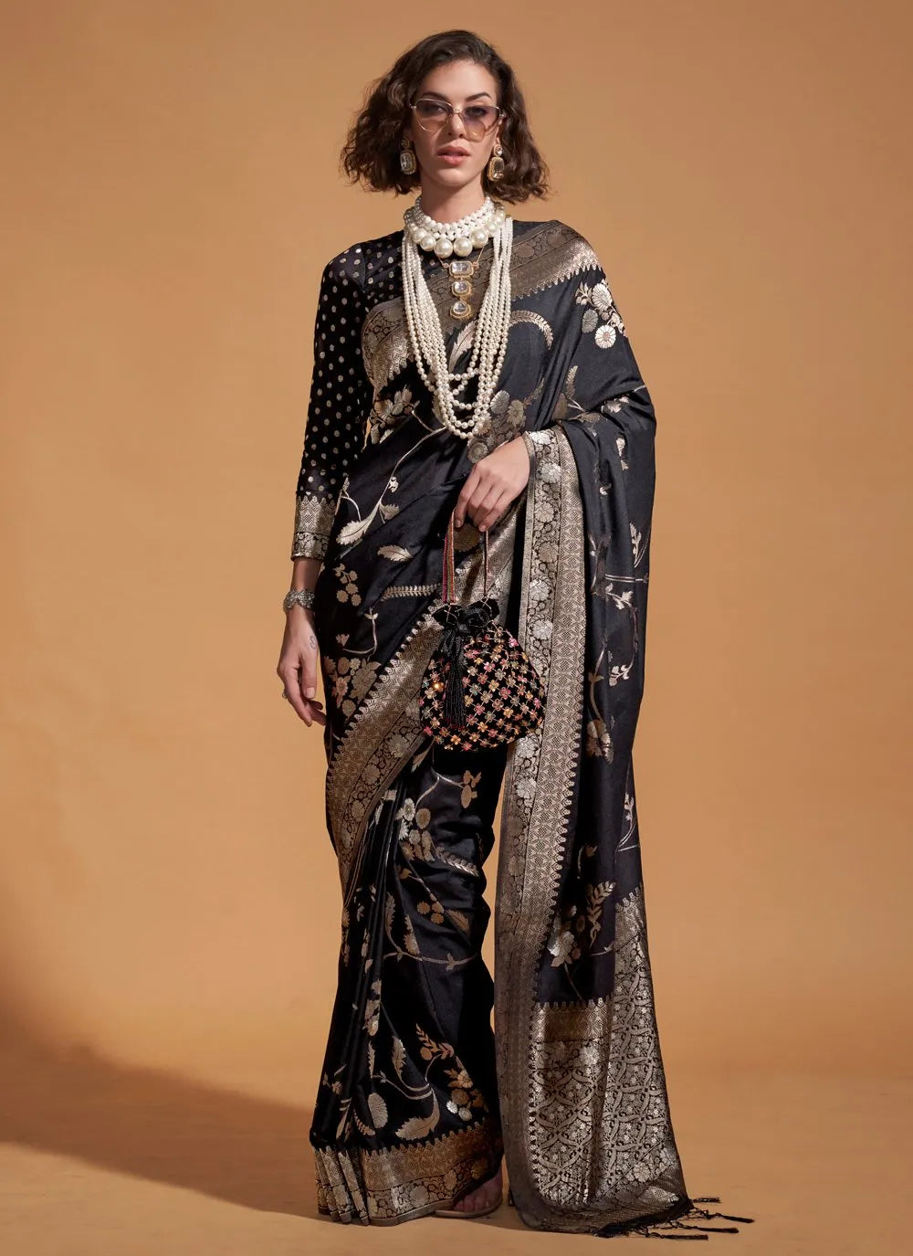 Traditional Designer Hand Woven Black Silk Saree Free Shipping 2025 New