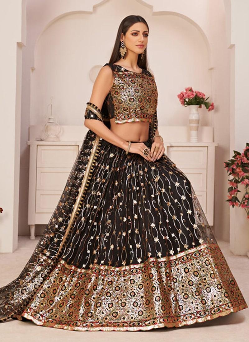 Attractive Look Black Color Soft Net Fabric Sequins Work Lehenga Free Shipping For Sale