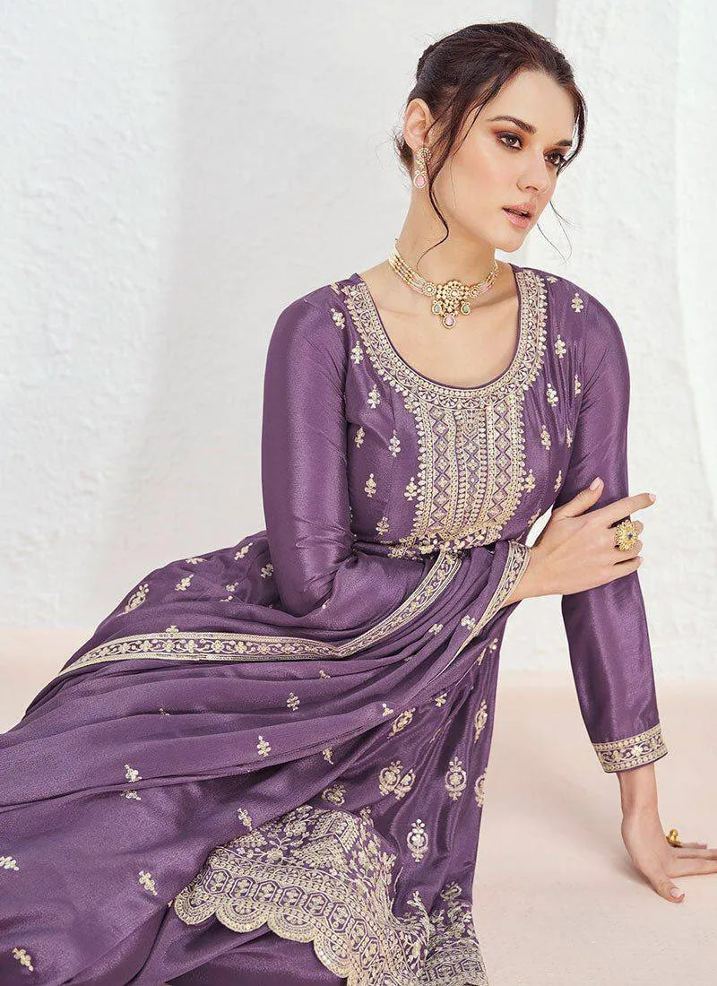 Glowing Lavender Chinon Embroidered Palazzo Suit Supply Cheap Pice