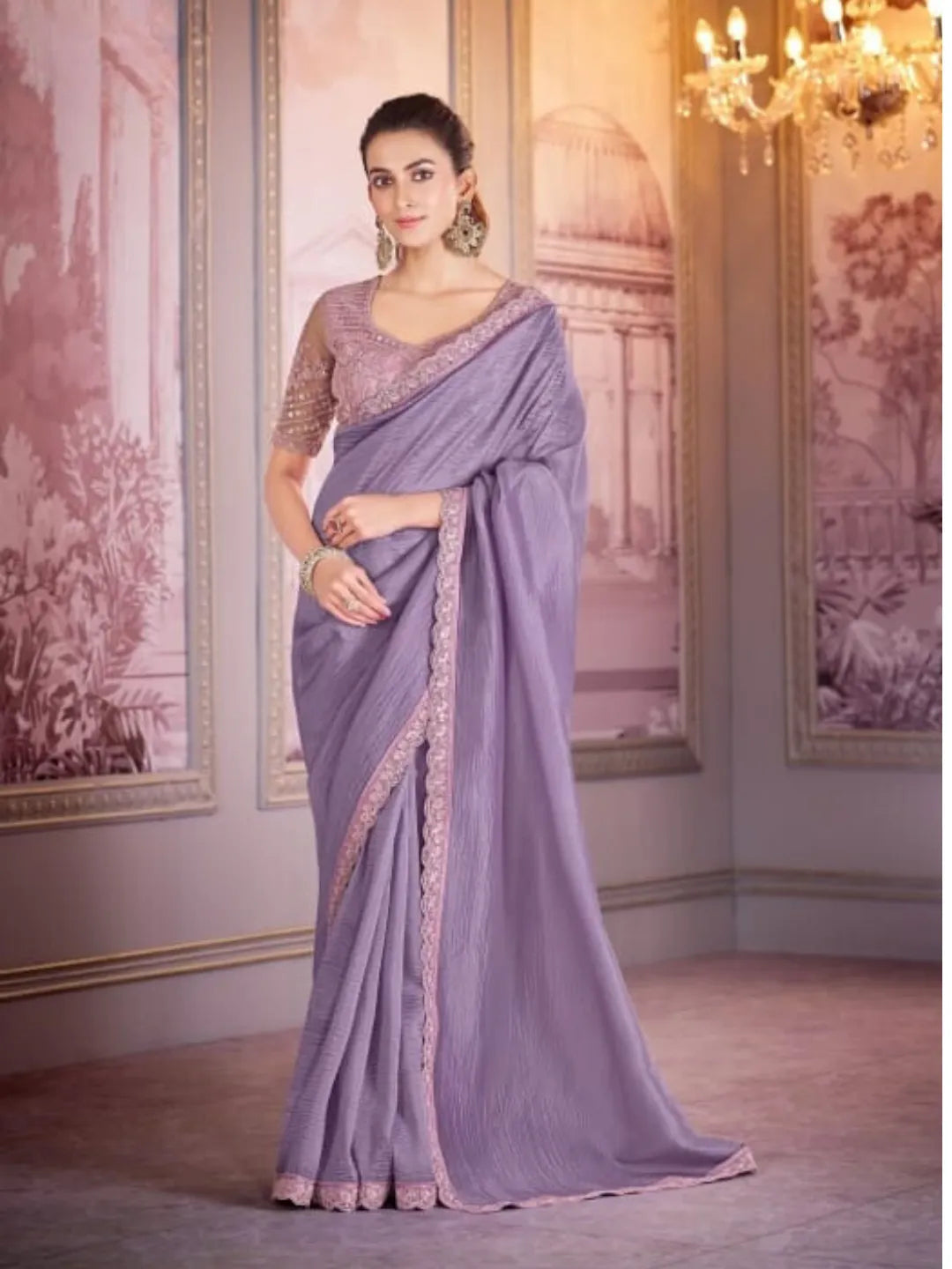 Luxurious Lavender Tissue Crush Embroidered Saree 2025 Newest Online