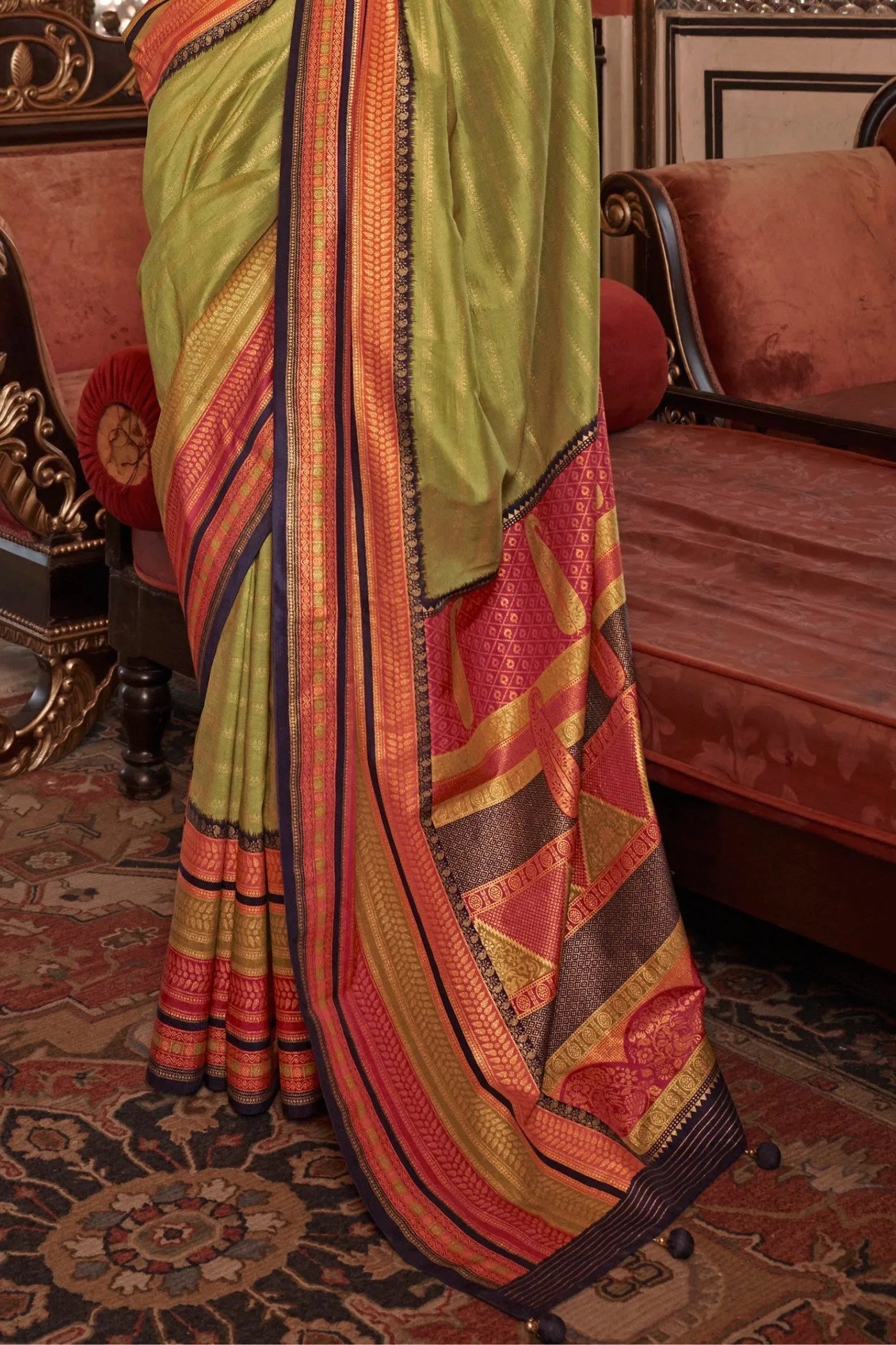 Pristine Parrot Green Kanjivaram and Patola Printed Silk Saree Free Shipping Low Pice