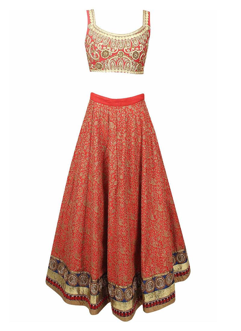 Coral Red Color Embroidered Lehenga Choli With Sleeveless Blouse Free Shipping Fashion Style