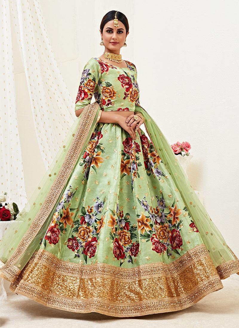 Floral Print Pista Green Satin Lehenga Choli With Mastercard Cheap Pice