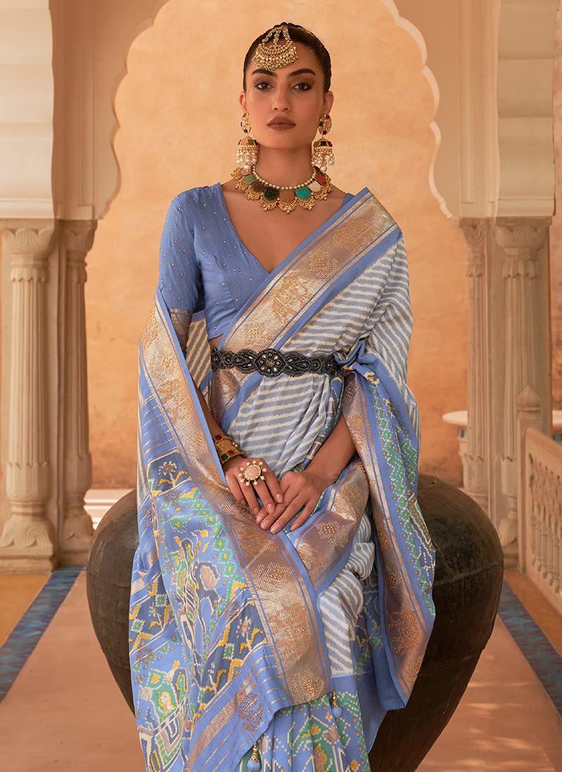 Sky Blue Pure Silk Patola Saree Cheap New Arrival