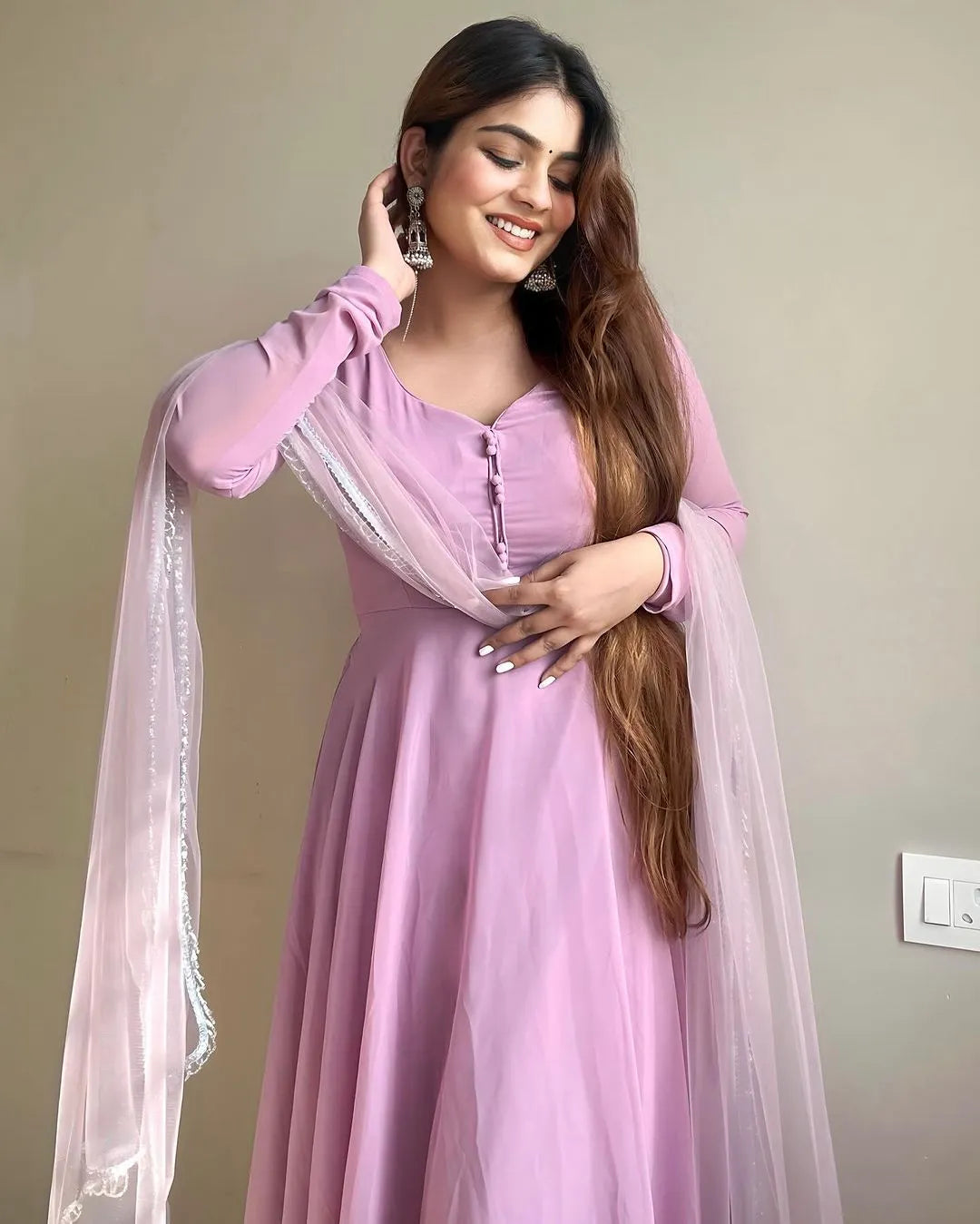 Trending Lavender Pure Faux Georgette Anarkali Pant Suit Sale Explore