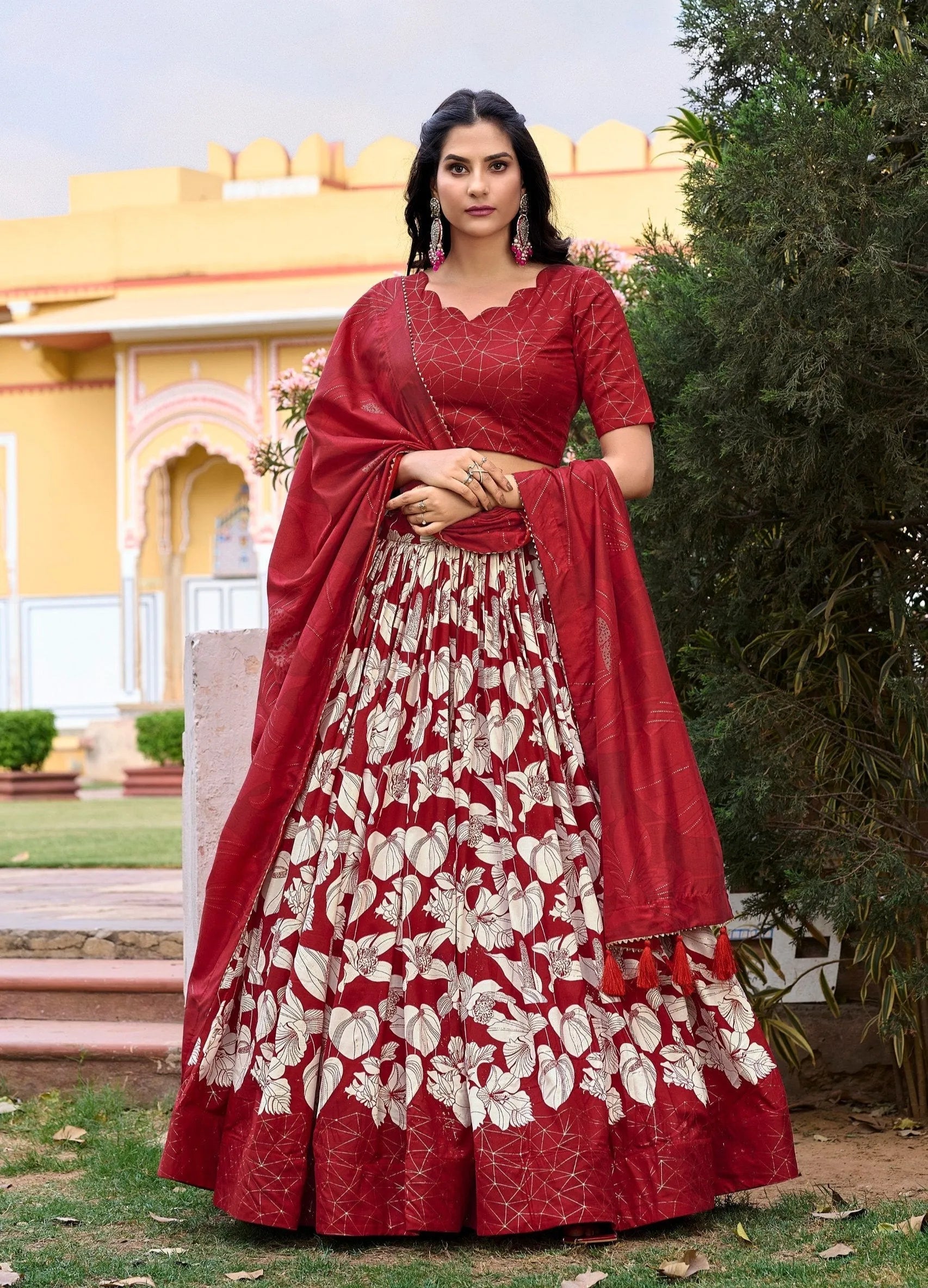 Ravishing Red Tussar Silk Floral Printed Lehenga Choli Set Outlet Discount Sale