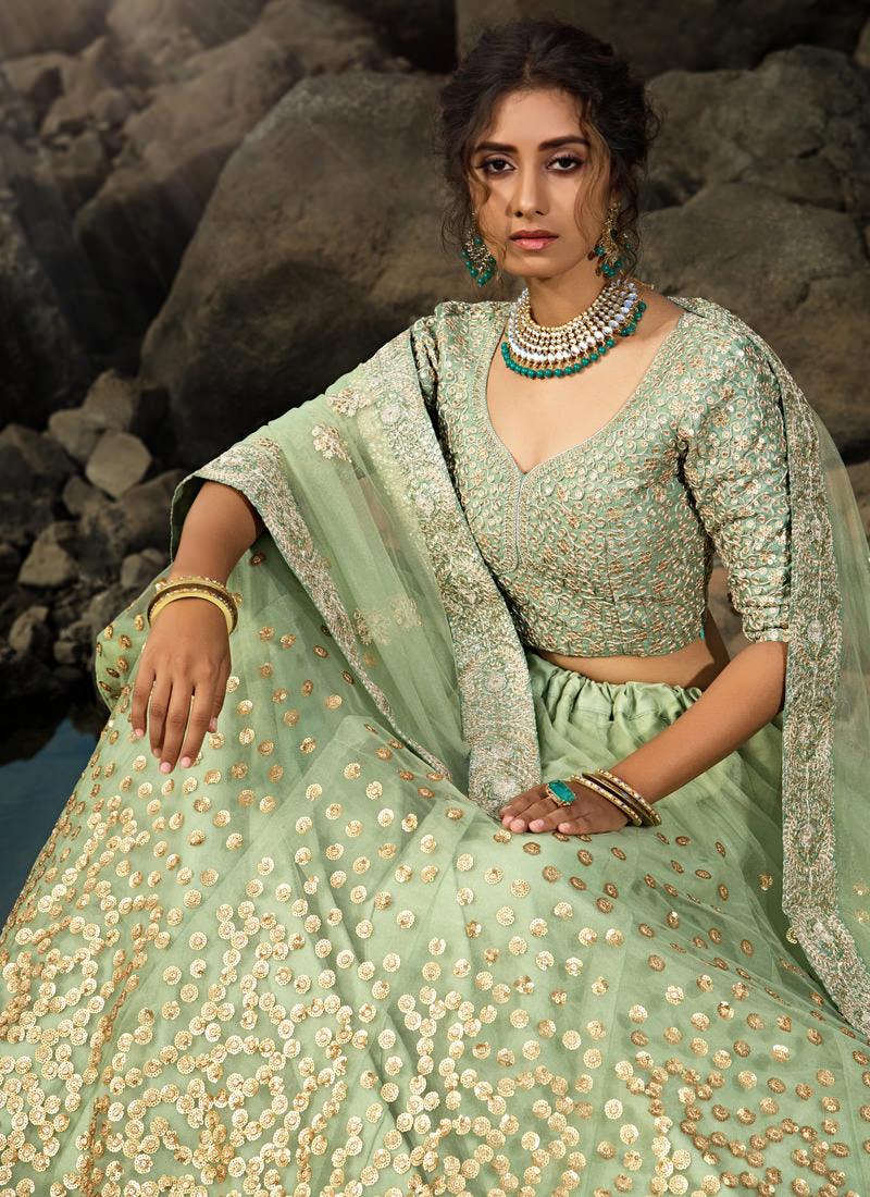 Charming Sea Green Net Base Sequin Zari Resham Work Lehenga Choli Cheap Sale The Cheapest