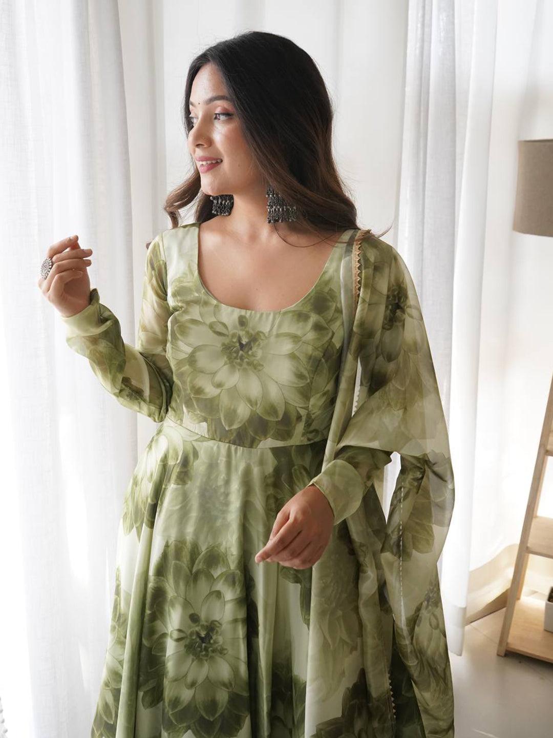 Printed green floral gown with dupatta Big Sale Sale Online