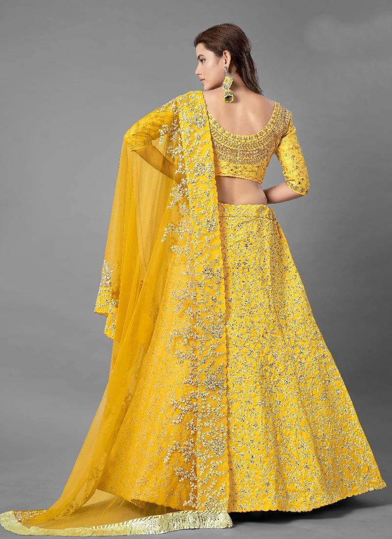 Sunshine Yellow Color Art Silk Base Designer Look Flared Lehenga Choli Free Shipping Wholesale Pice