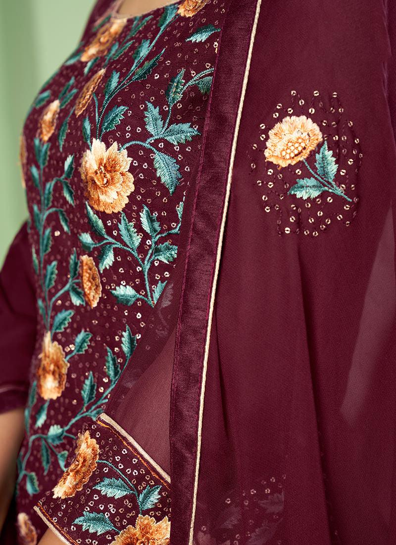 Thread And Sequins Work Maroon Palazzo Outlet With Credit Card