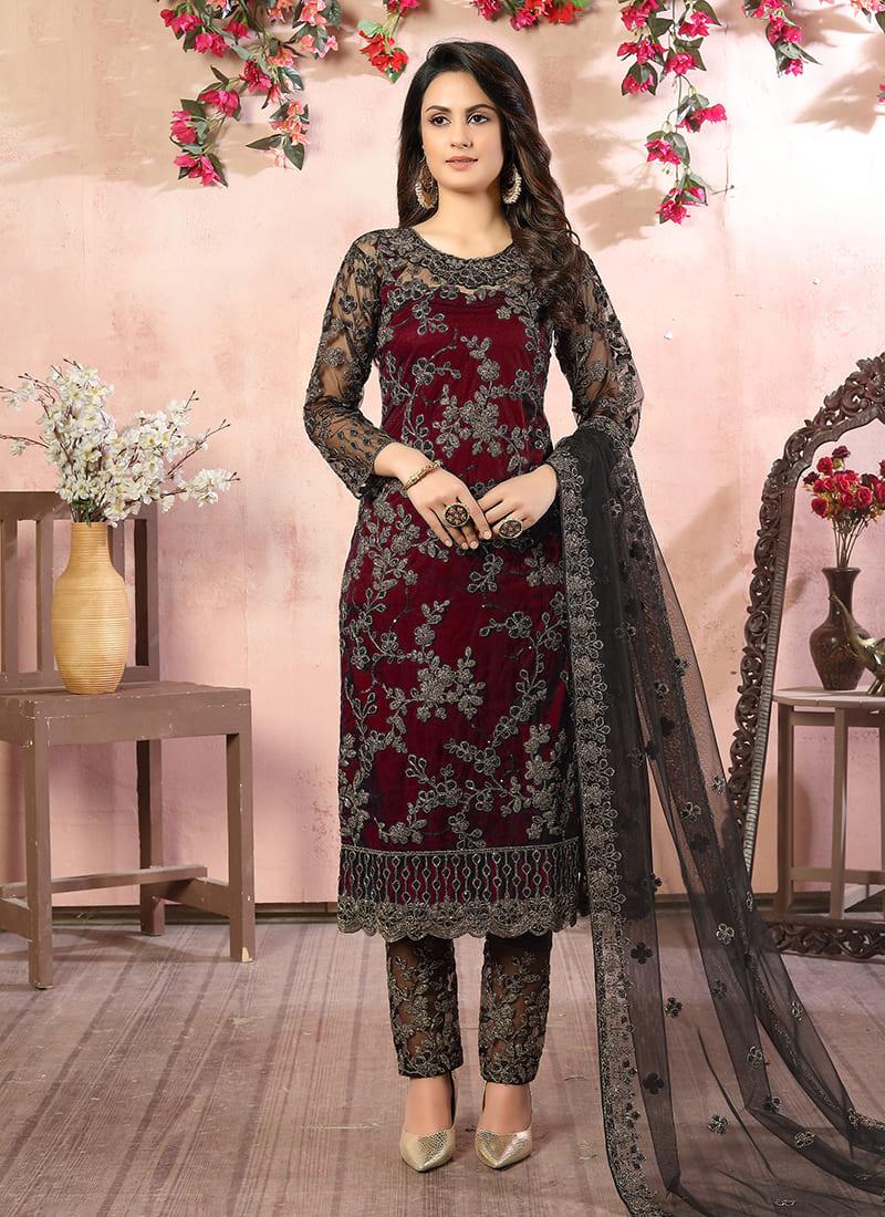 Net Base Embroidered Maroon Pant Style Suit Buy Authentic Online