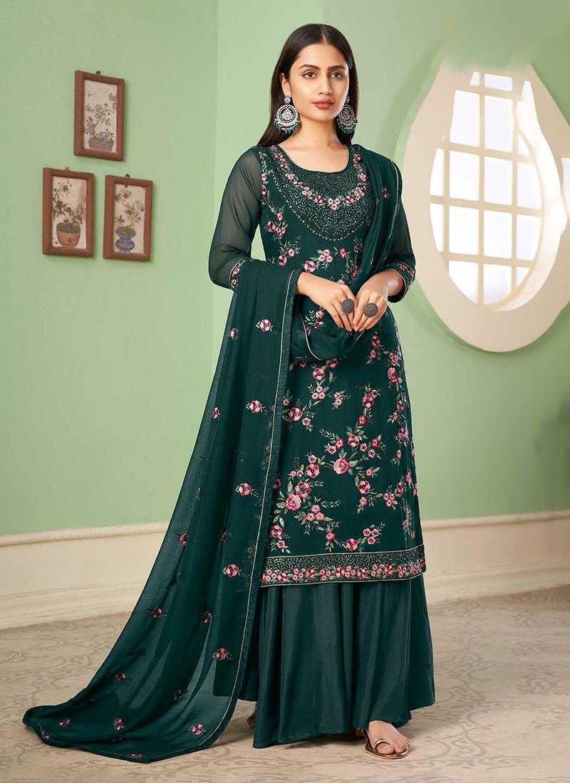 Pine Green Georgette Palazzo With Dupatta Store Online