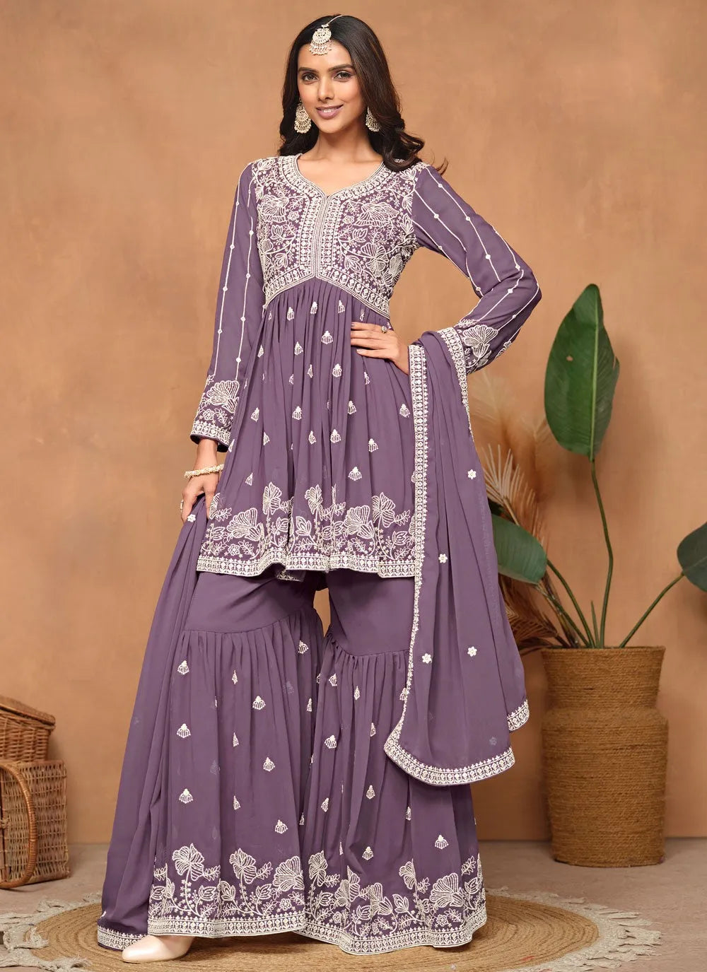 Purple Faux Georgette Sequins Embroidered Designer Top Sharara Suit Free Shipping Big Discount