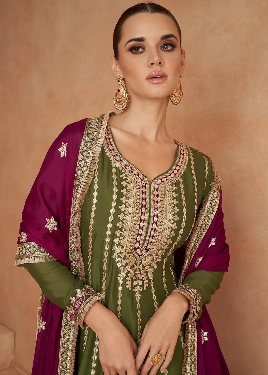 Charming and Superb Olive Chinon Embroidered Salwar Kameez Cheap Best Wholesale