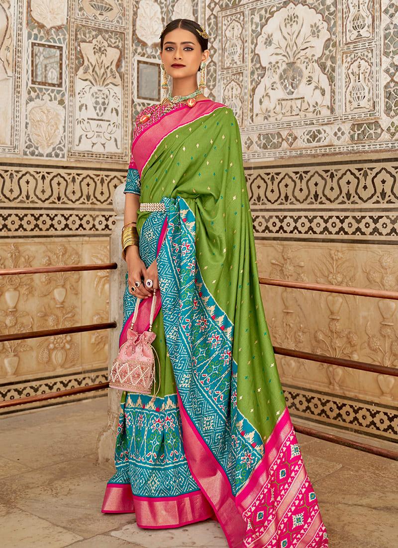 Enchanting Green Color Patola Printed Silk Saree With Boat Neck Blouse Latest Collections Online