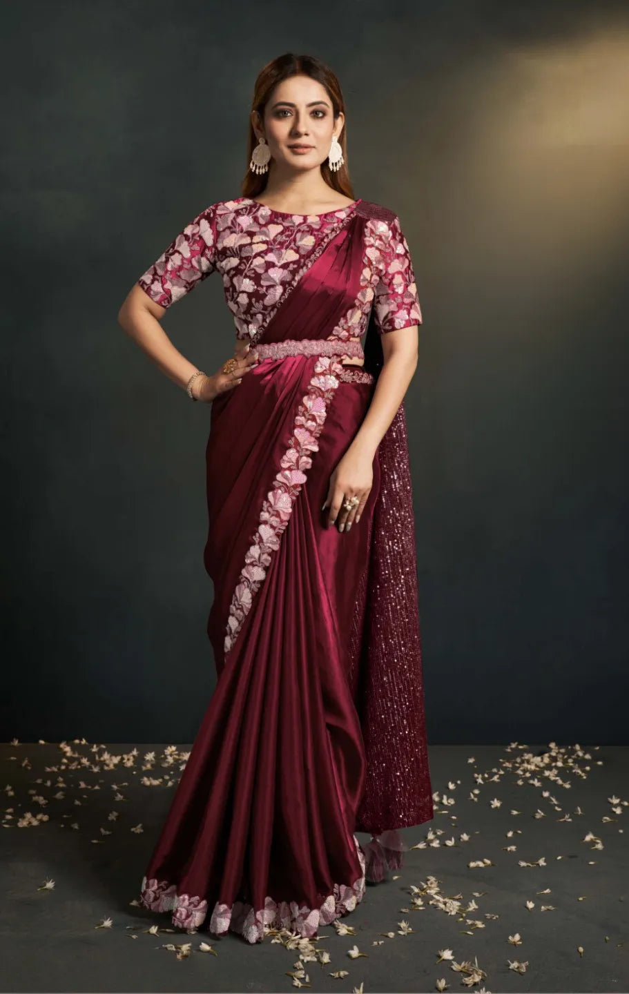 Dazzling Vivid Burgundy Satin Silk Embroidered Ready To Wear Saree Cheap From China